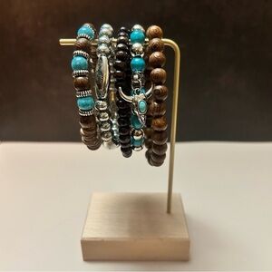 5 Piece Turquoise Brown Silver Beaded Bracelet Set